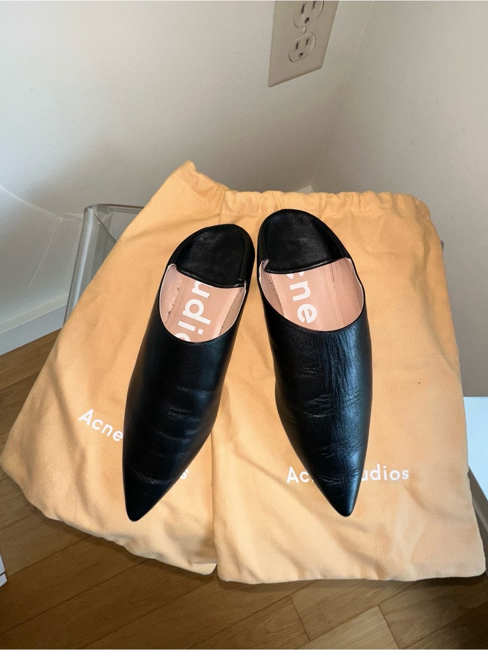 Acne Black Pointed Leather Mules